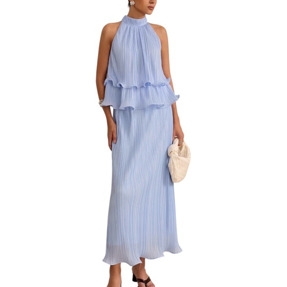 Commense Light Blue Two Piece Set NWT XS Light Blue Top & Midi Skirt Pleated - Picture 14 of 14